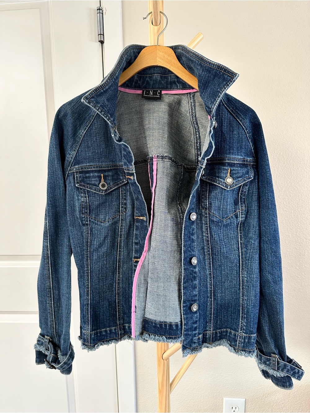 INC International Concepts Denim Jacket | Frayed Hem | Dark Wash | Women's